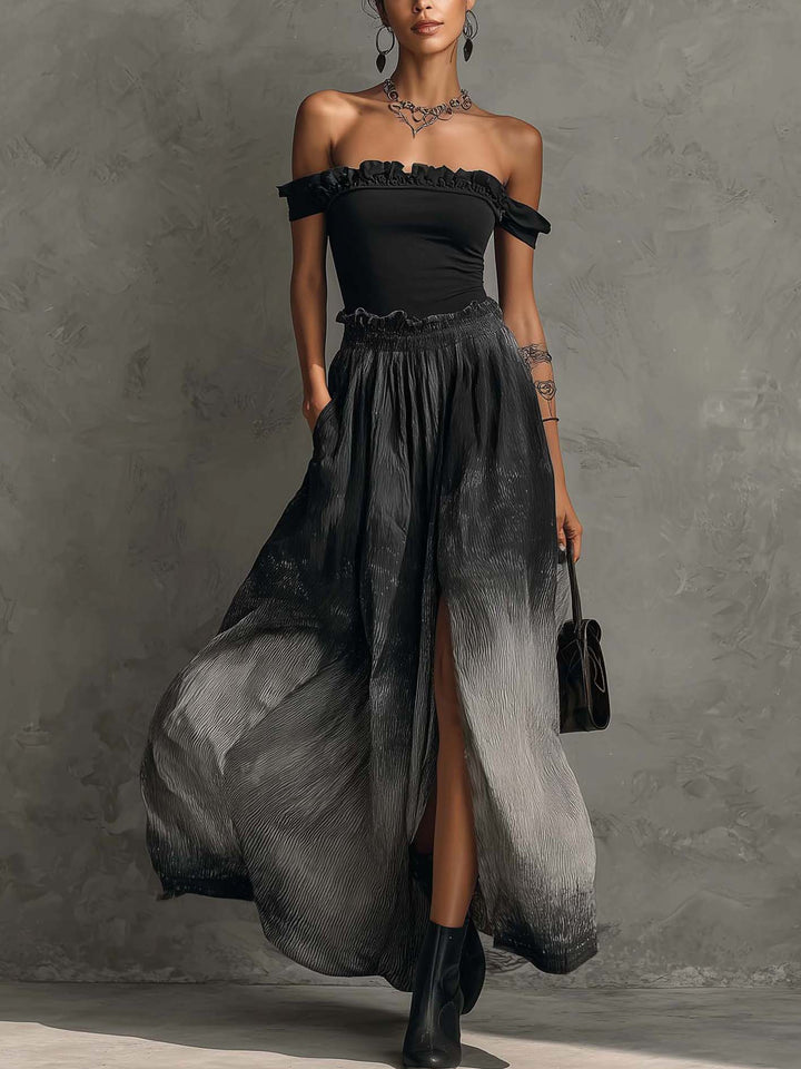 Serena | Off Shoulder Ruffle Top & Gradient Pleated Maxi Skirt Set
