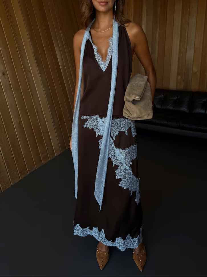 Isabella | Lace Panel Top and Skirt Suit Set