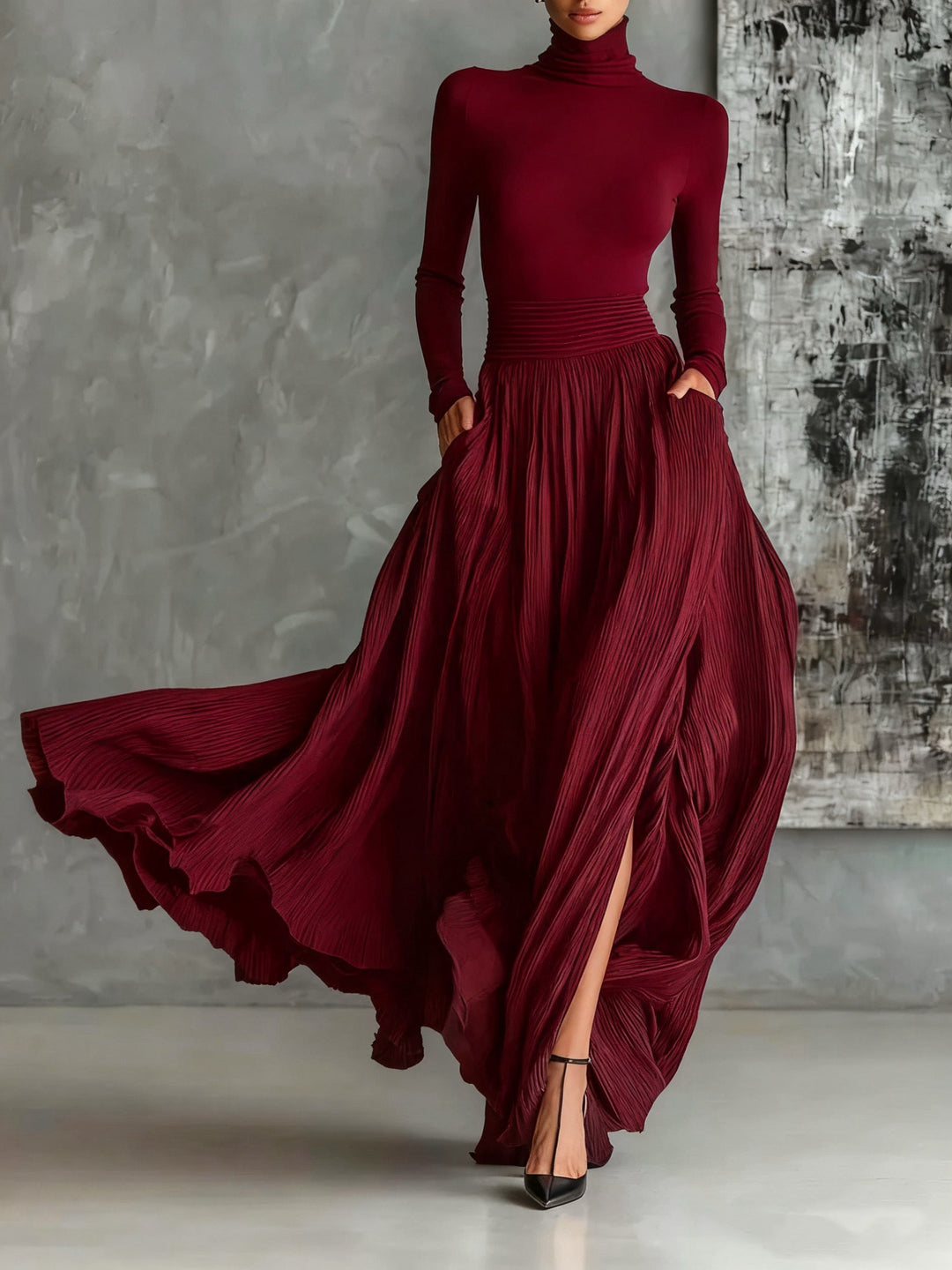 Samantha | All Black Turtleneck and Pleated Skirt Set