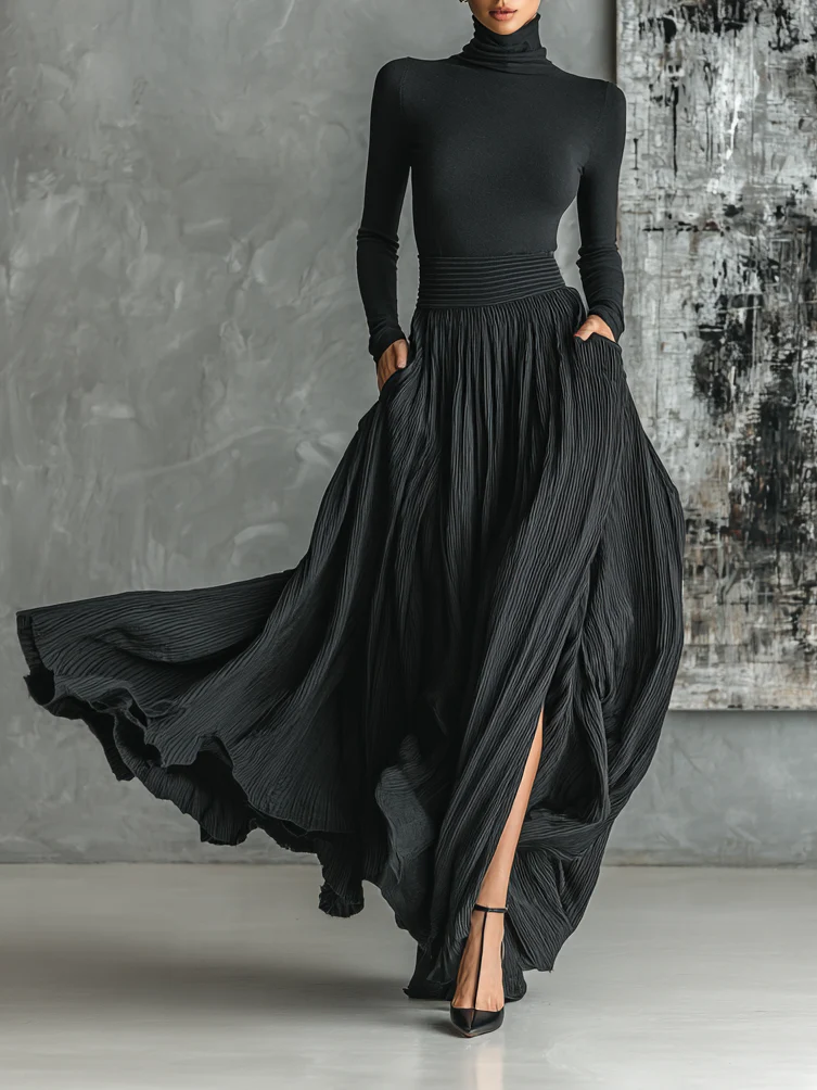 Samantha | All Black Turtleneck and Pleated Skirt Set