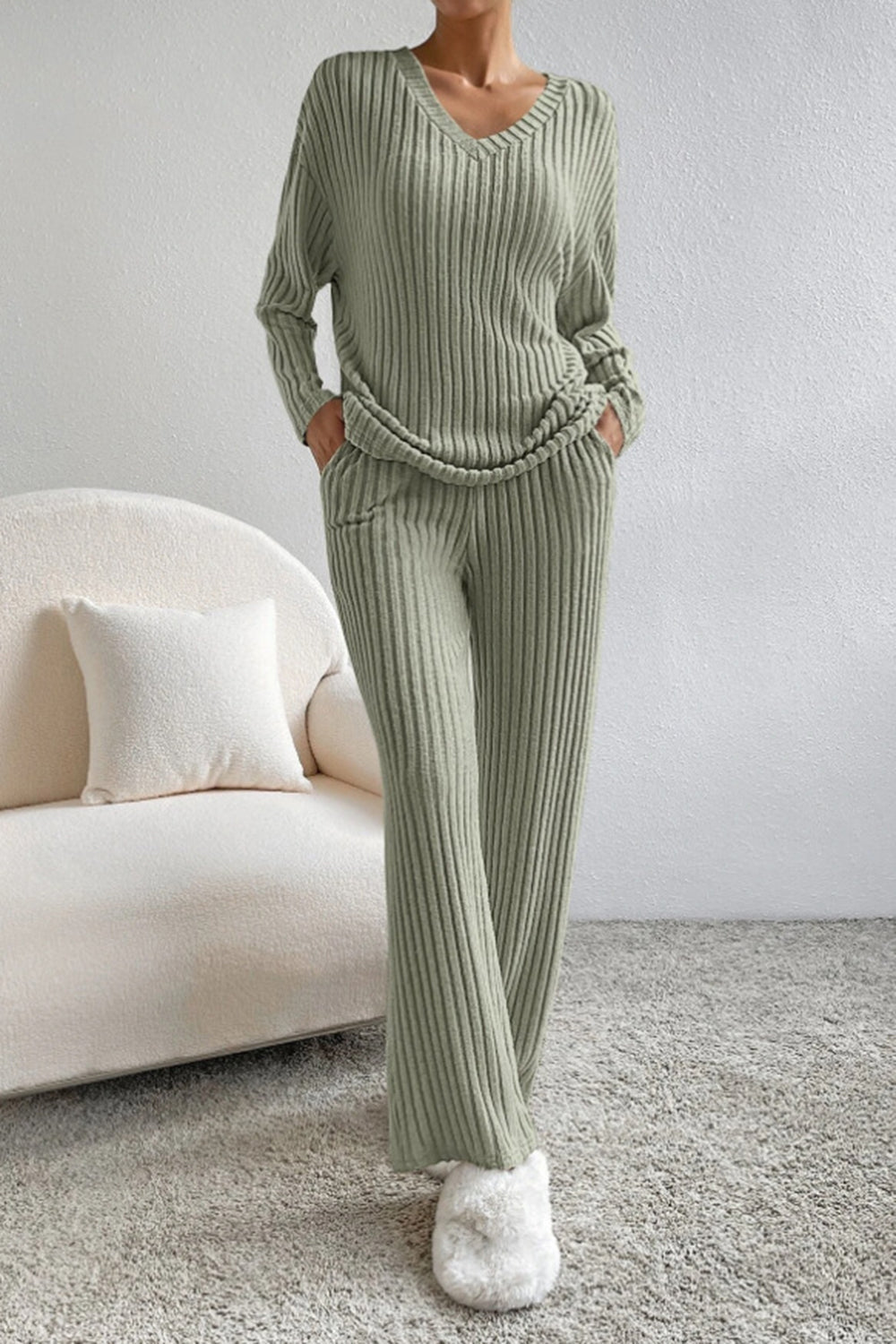 Sofia | Ribbed V-Neck Top and Pants Set
