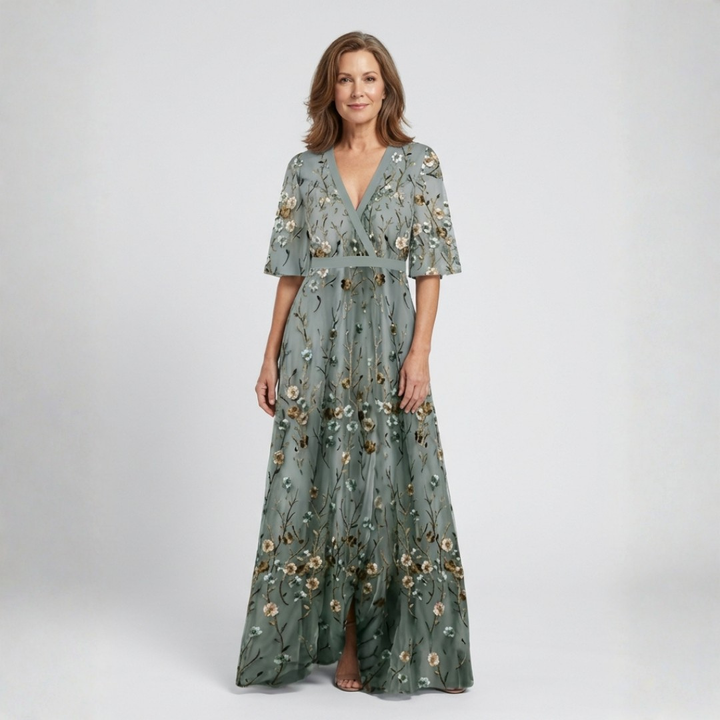 EVADNE™ | Floral V Neck Short Sleeve Maxi Dress