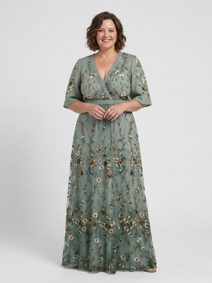 Isolde | Floral V-Neck Elbow-Length Sleeve Maxi Dress