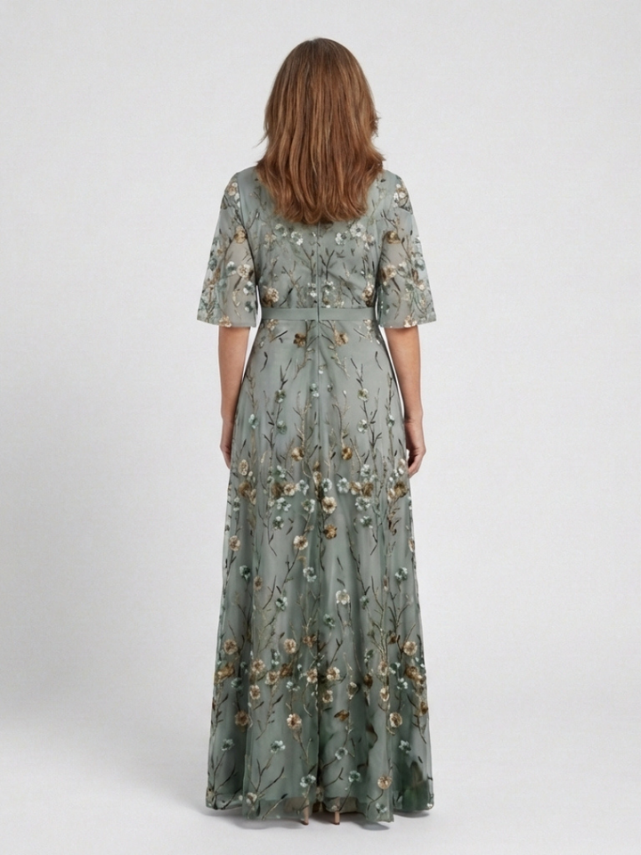 Isolde | Floral V-Neck Elbow-Length Sleeve Maxi Dress