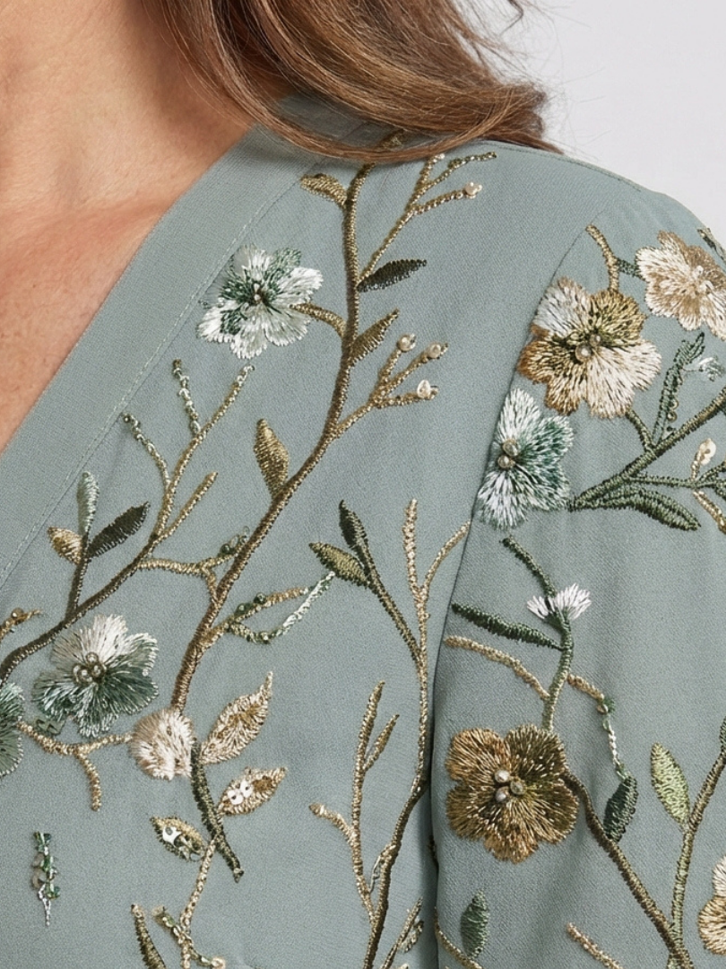 Isolde | Floral V-Neck Elbow-Length Sleeve Maxi Dress