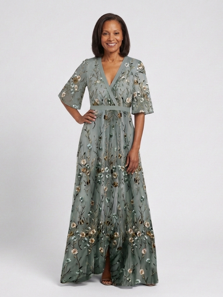 EVADNE™ | Floral V Neck Short Sleeve Maxi Dress
