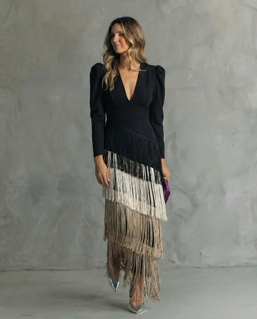 CLARA™ | Elegant midi dress with fringe sleeves
