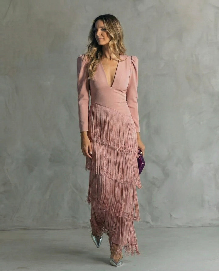 Clara | Elegant midi dress with fringe sleeves