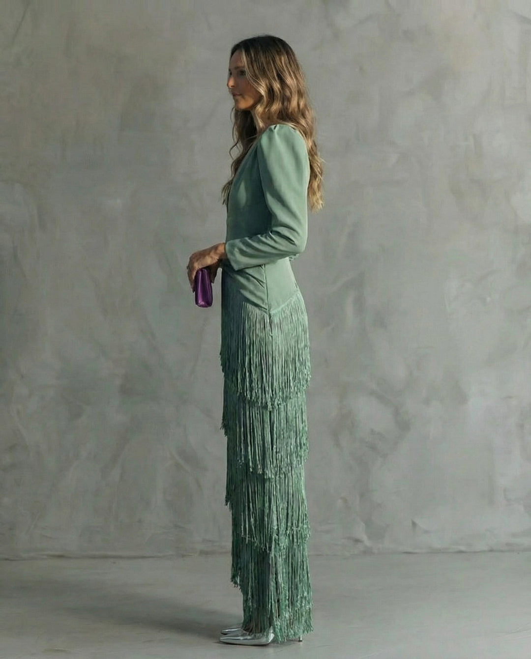 Clara | Elegant midi dress with fringe sleeves