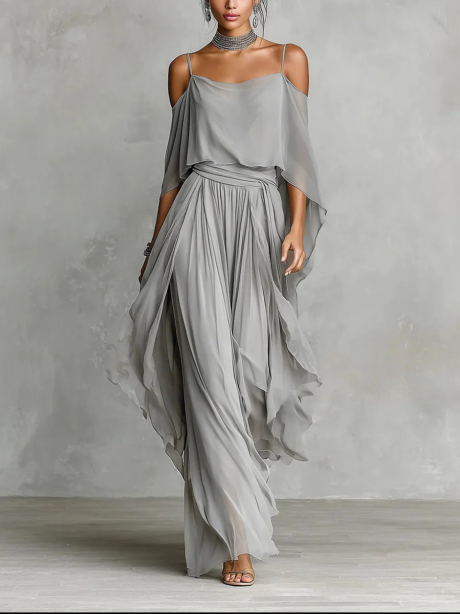 Isabela | Fluid grey set with shoulder strap top and lightweight pants