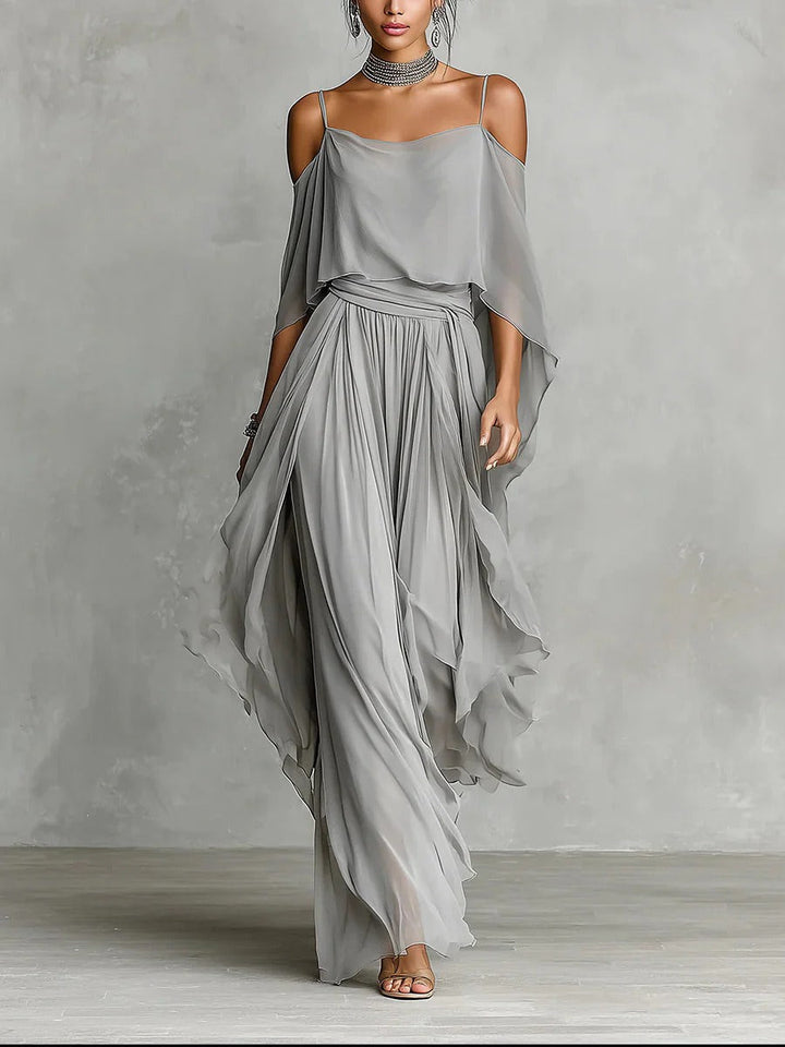Isabela | Fluid grey set with shoulder strap top and lightweight pants