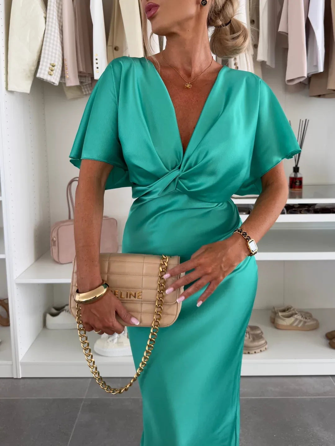 MERNES™ | Twist Front Satin Midi Dress