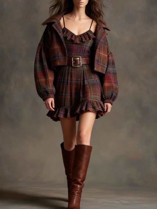 Lila | Vintage Plaid Ruffle Mini Dress Set
