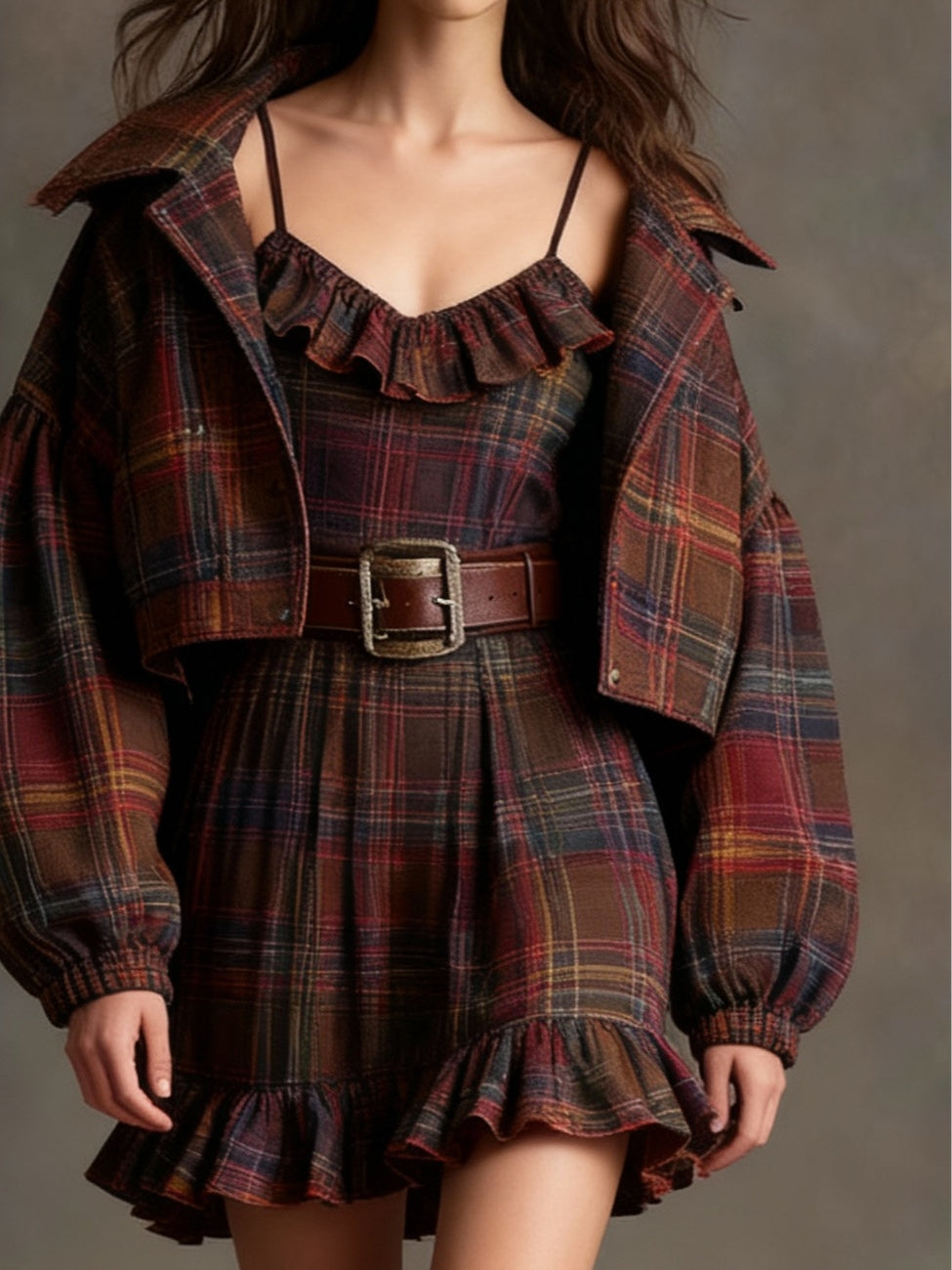 Lila | Vintage Plaid Ruffle Mini Dress Set