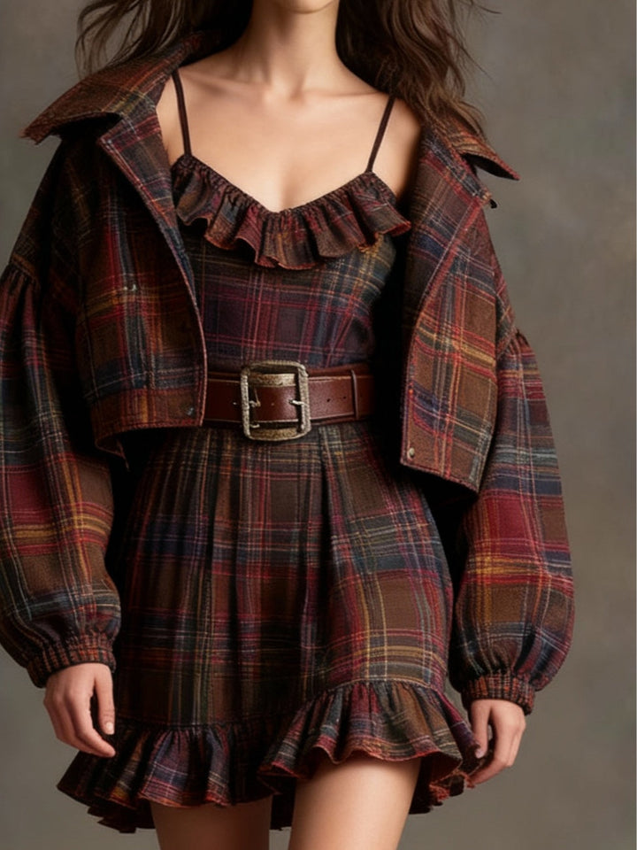 Lila | Vintage Plaid Ruffle Mini Dress Set