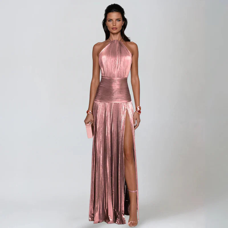 Emma | Metallic Halter Open Back Dress