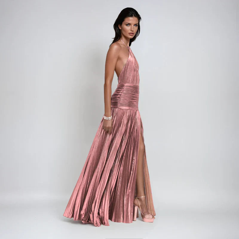 Emma | Metallic Halter Open Back Dress