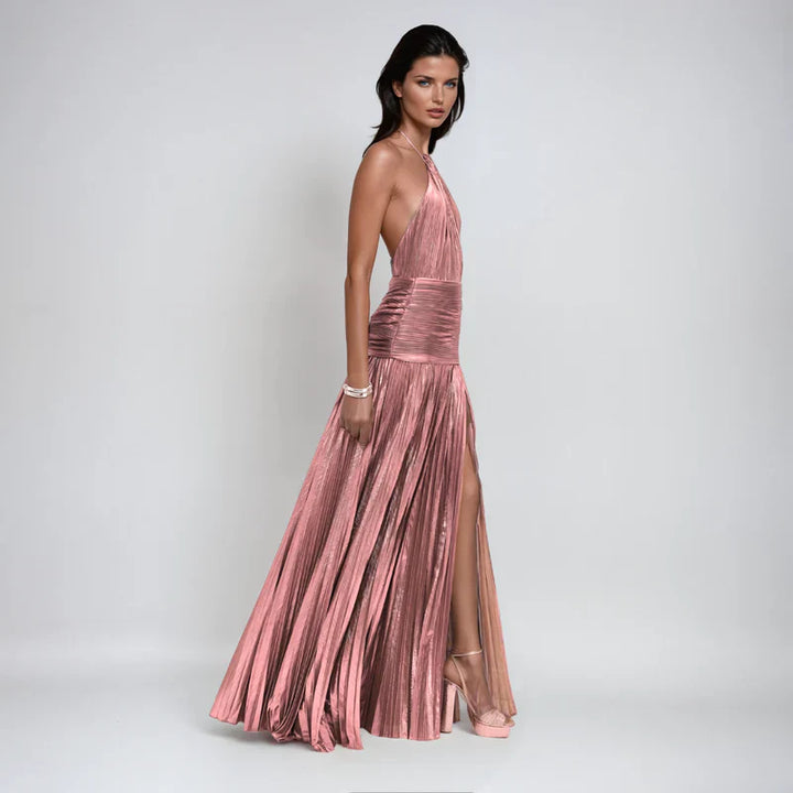 Emma | Metallic Halter Open Back Dress
